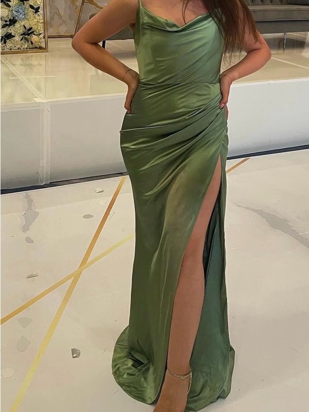 Olive Green Satin Cowl Neck Maxi Dress with High Side Slit